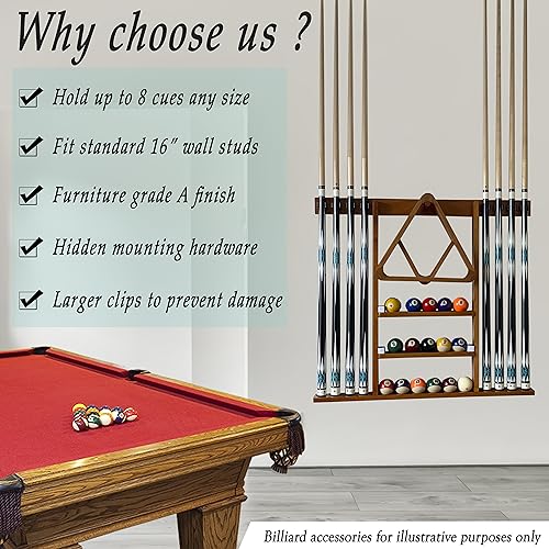 Wall Mount Pool Cue Stick Holder Hold 8 Cues Solid Wood Mahogany X434