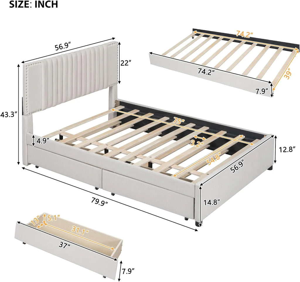 Beige Full Size Upholstered Platform Bed with 2 Drawers H9859
