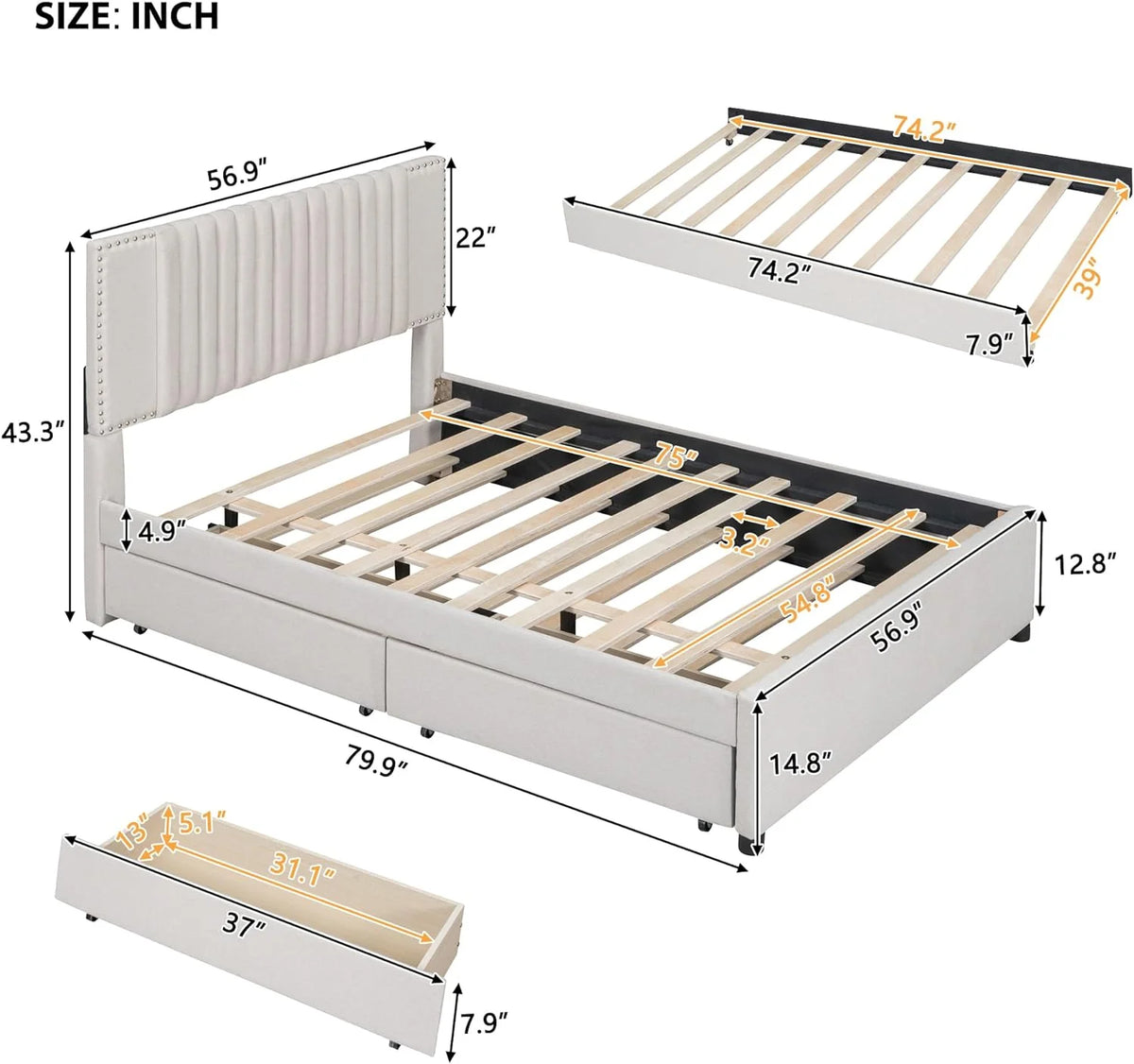Beige Full Size Upholstered Platform Bed with 2 Drawers H9859