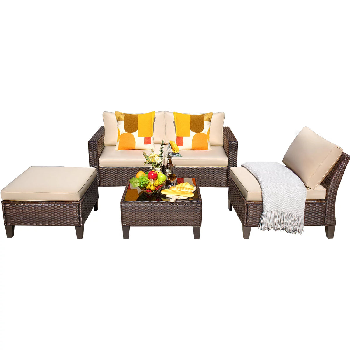 5 Pieces Wicker Rattan Outdoor Sofa Set with Ottoman Z409529