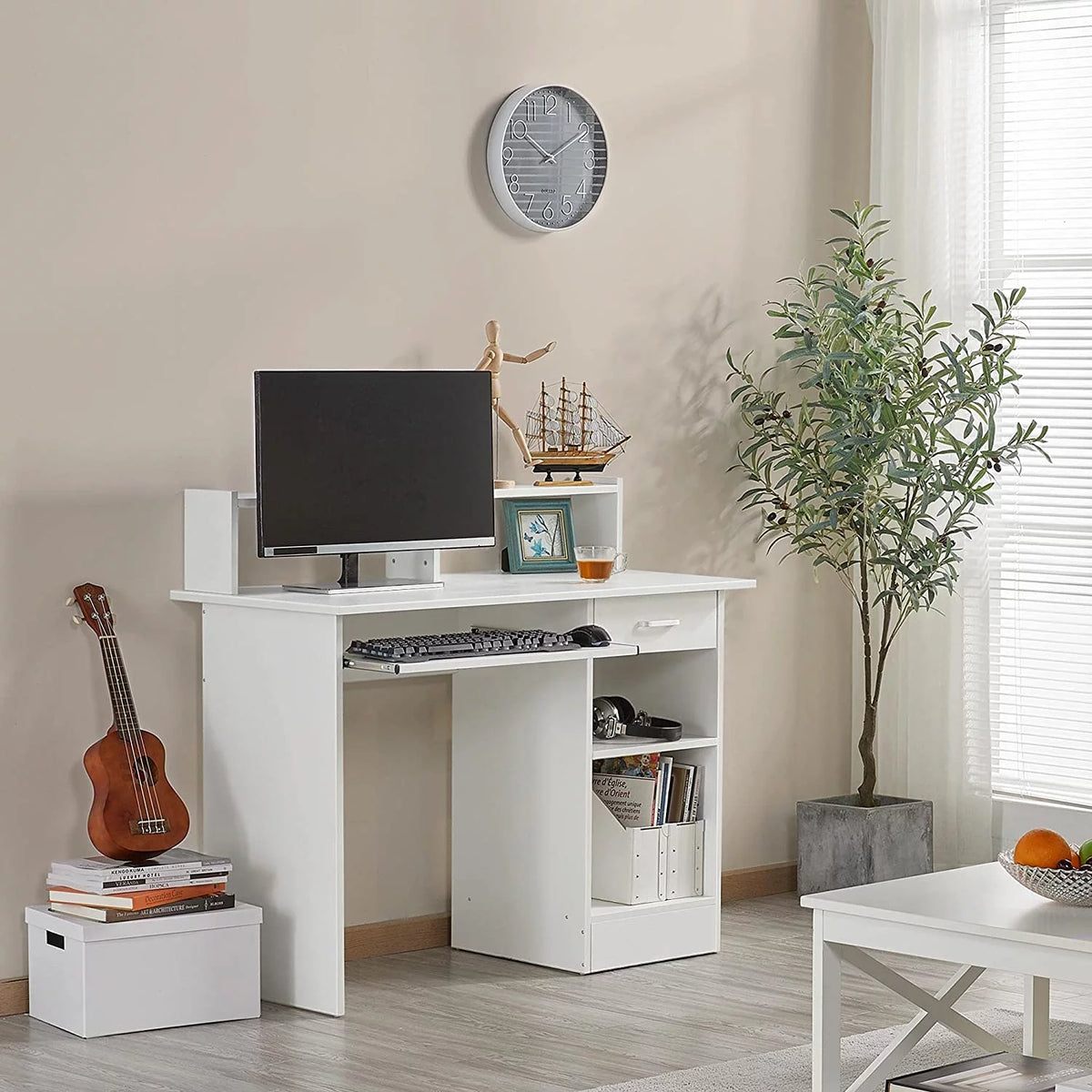 White Wood Computer Desk with Keyboard Tray and Drawers G400