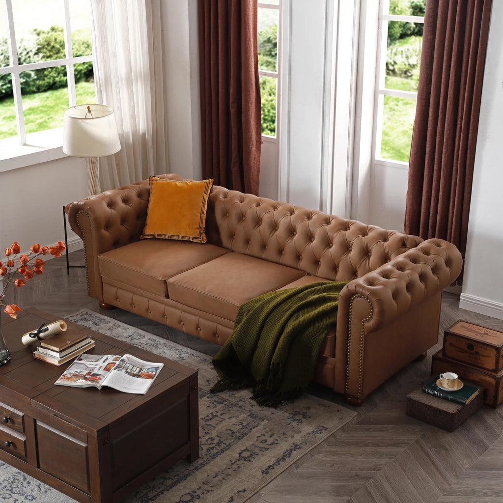 Brown Faux Leather Chesterfield Sofa J976
