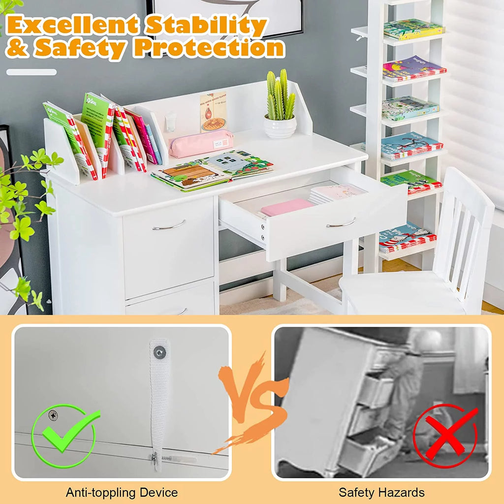 Kids Wooden Desk and Chair Set with Drawer & Storage Cabinets T7432