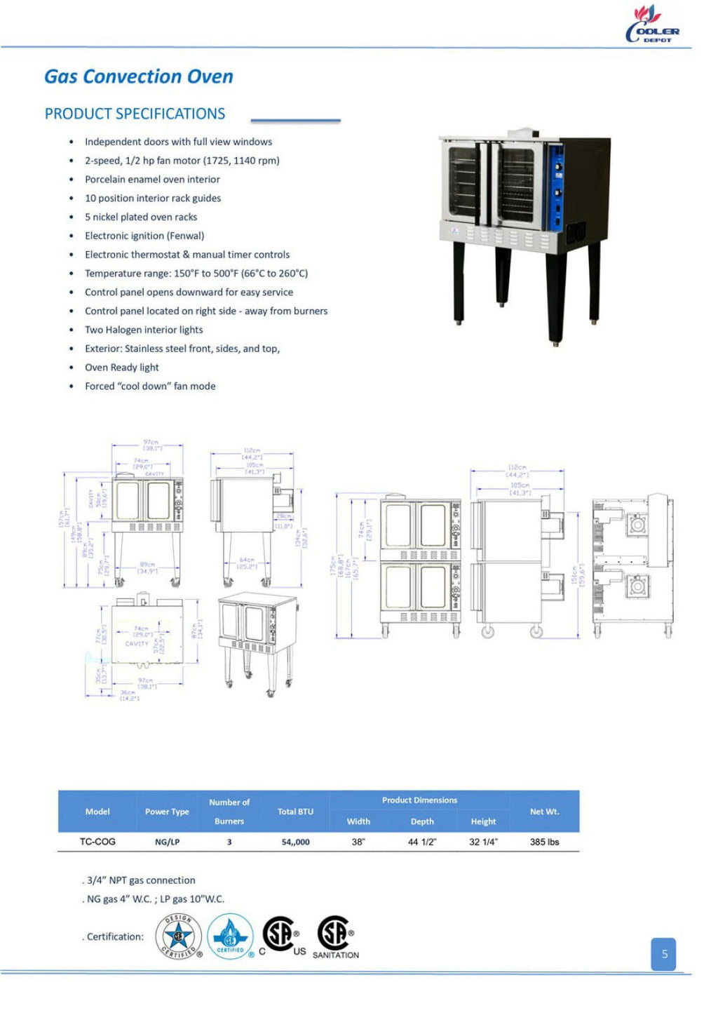Single Deck Natural Gas or Propane Convection Oven T332