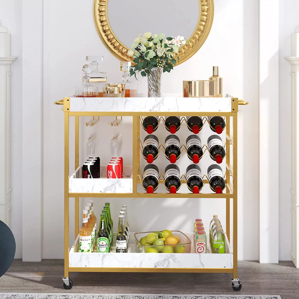 Gold Bar Cart with 12 Bottle Wine Rack K73909