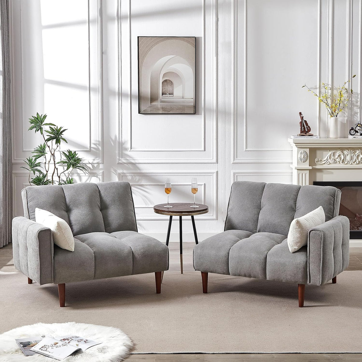 Grey Fabric Upholstered Futon Sofa Bed with Wooden Legs and 2 Pillows K554893