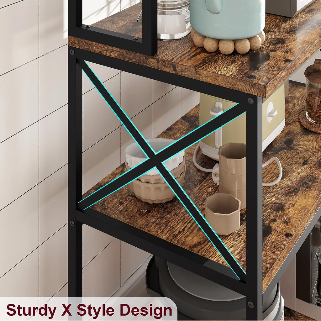 5-Tier Kitchen Utility Storage Shelf with 6 Hooks, Rustic Brown E66994
