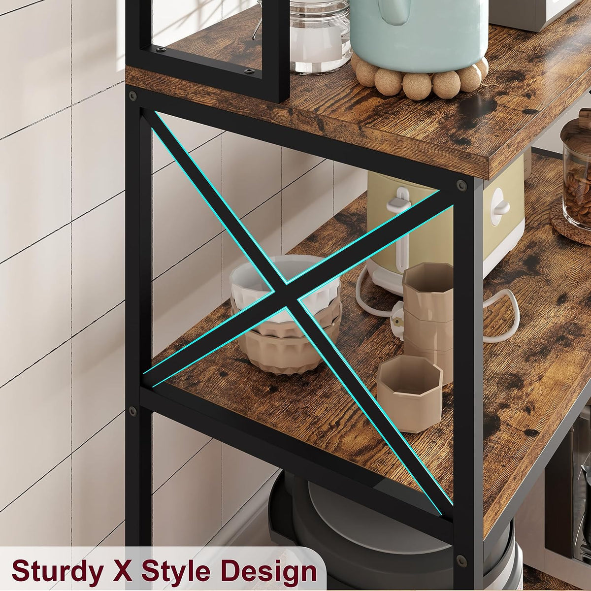 5-Tier Kitchen Utility Storage Shelf with 6 Hooks, Rustic Brown E66994