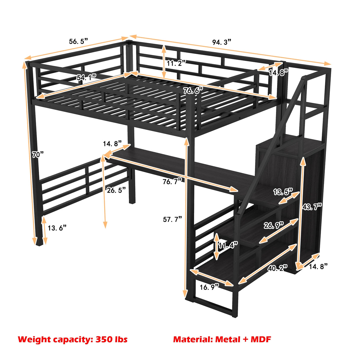 Full Size Black Metal Loft Bed with Storage Staircase and Desk B599636
