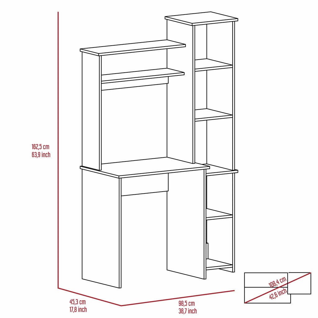 6-Shelf White Writing Desk with Bookcase W8708