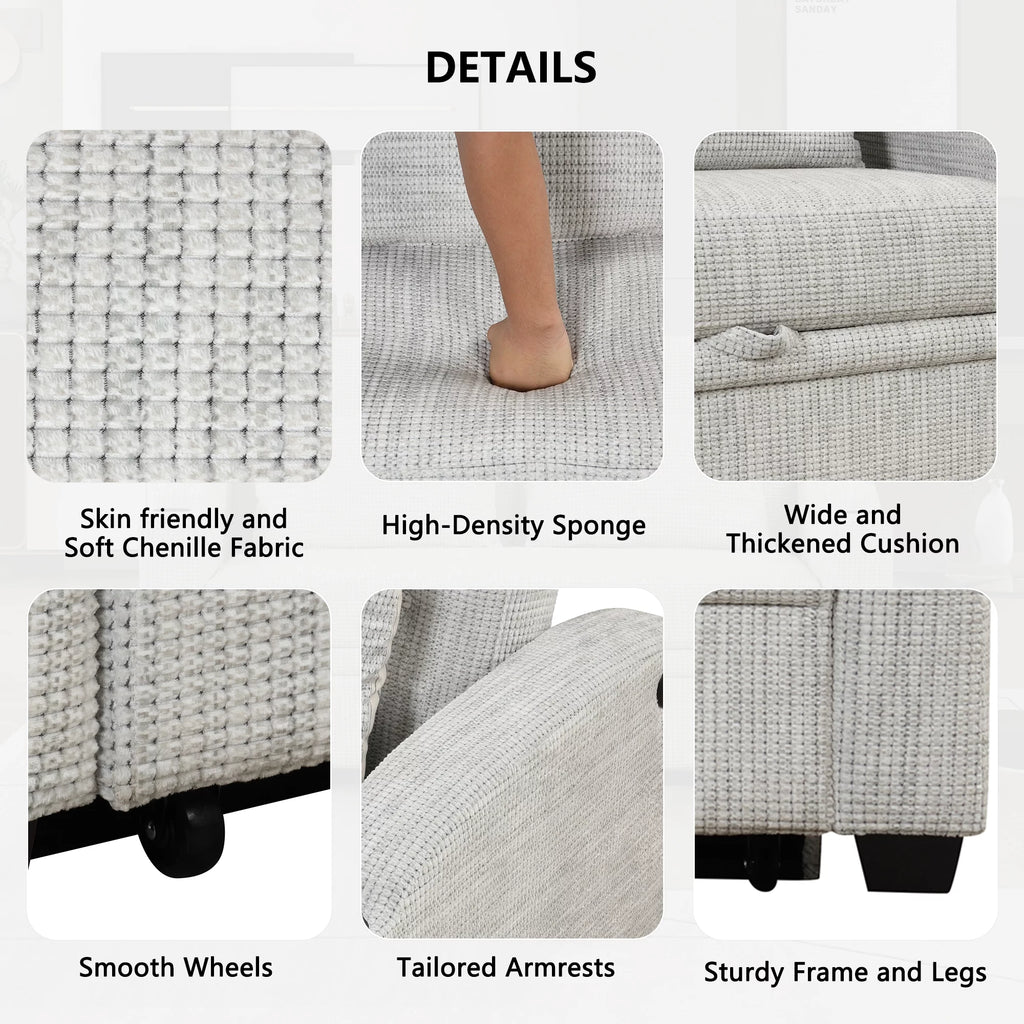 White Gray Chenille Convertible Loveseat Sofa with 2 Pillows S59815