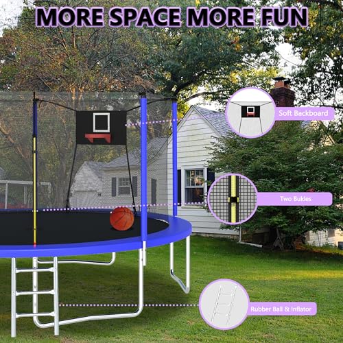 12FT 14FT 15FT 16FT Trampoline with Basketball Hoop, Ladder and Safety Enclosure Net P10873
