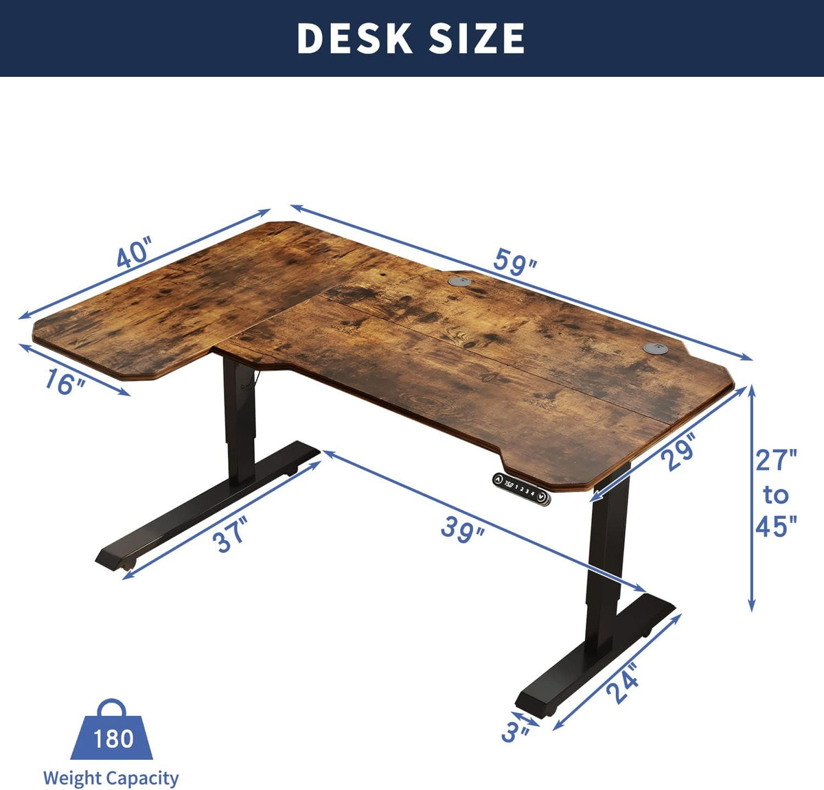 L Shaped Electric Height Adjustable Standing Desk with Black Frame & Rustic Brown Top A5892