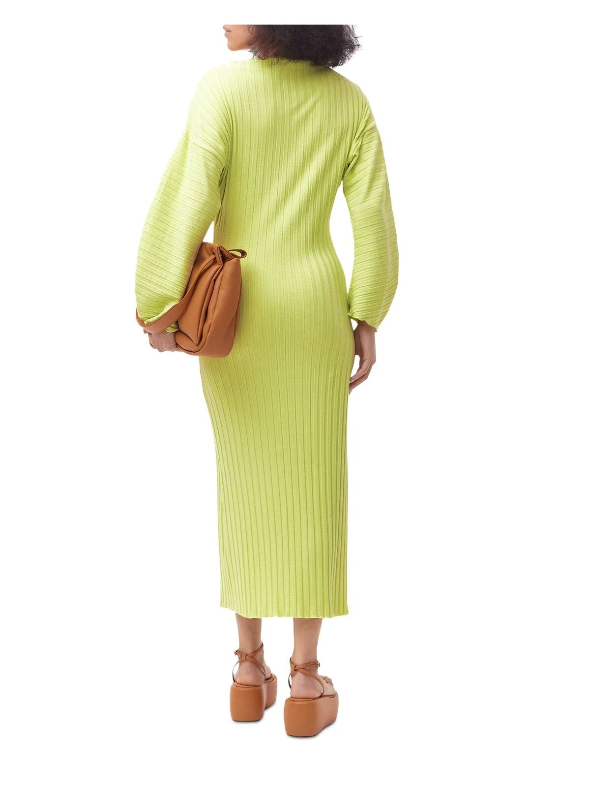 Green Long Sleeve Boat Neck Midi Sheath Dress D373