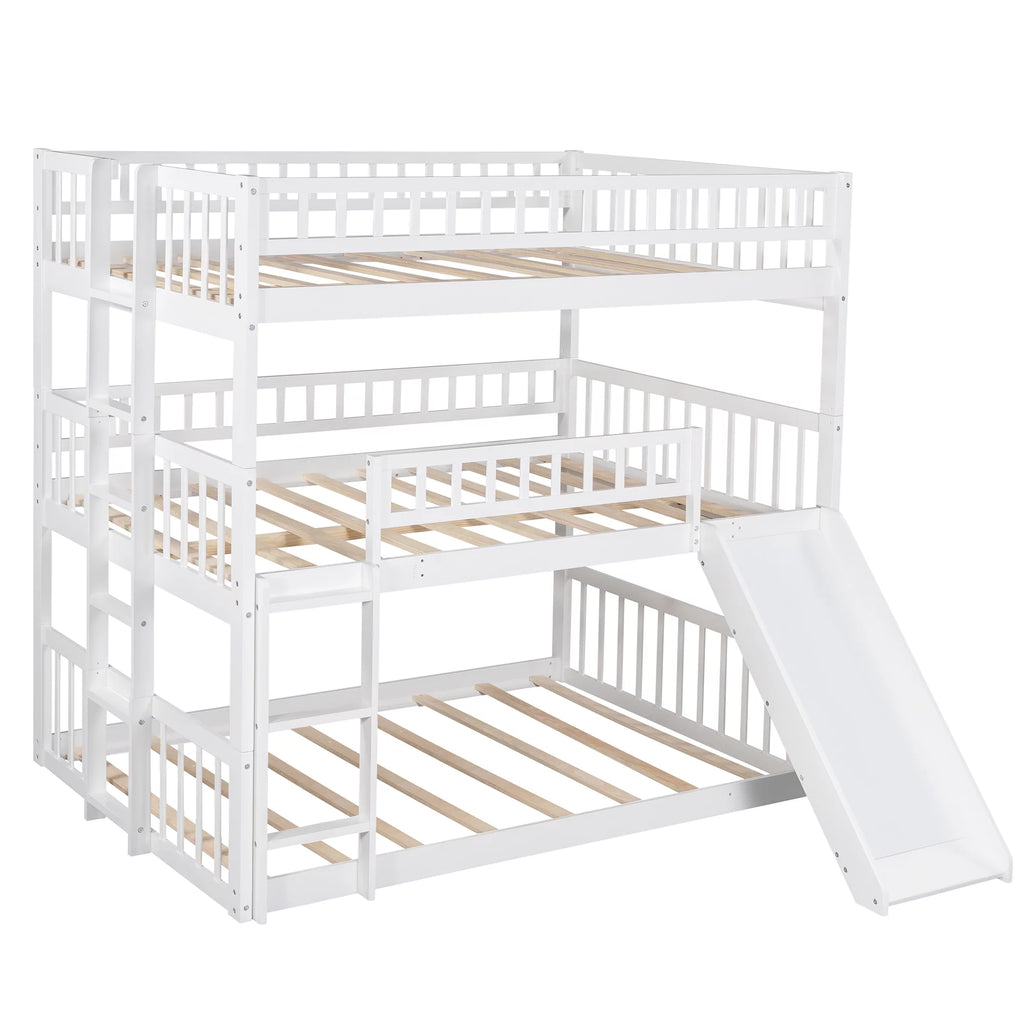 White Triple Bunk Bed with Ladder and Slide T6535
