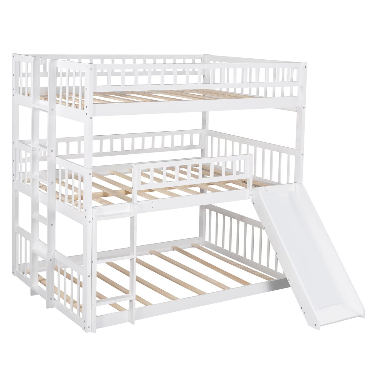 White Triple Bunk Bed with Ladder and Slide T6535