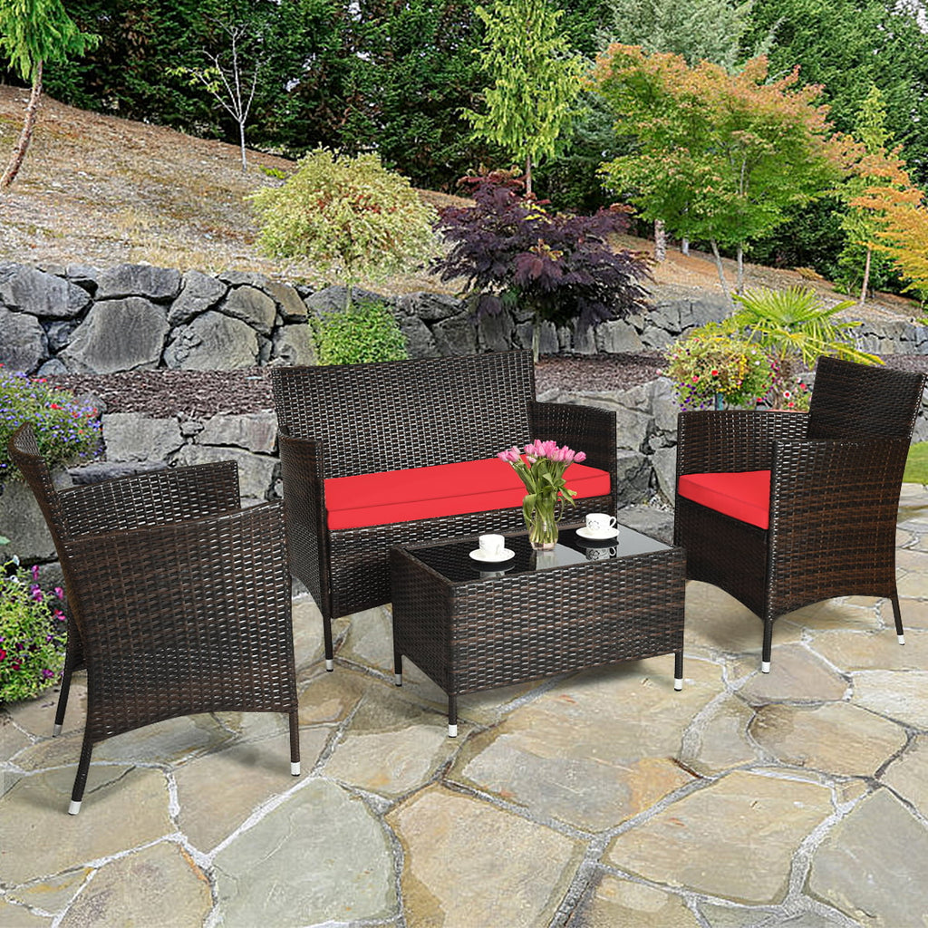 4-Piece Patio Rattan Wicker Furniture Set with Red Cushions P455774