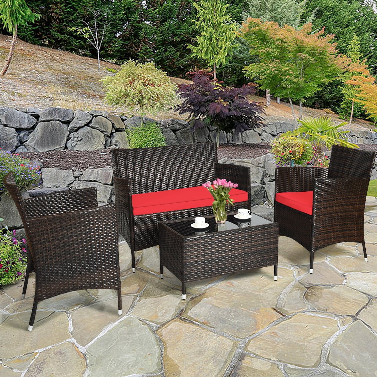 4-Piece Patio Rattan Wicker Furniture Set with Red Cushions P455774
