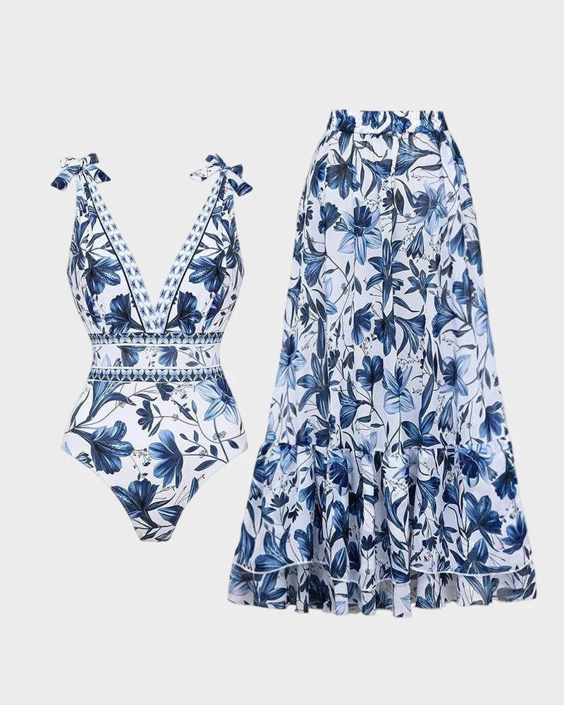 Blue Print Swimsuit Set with Cover Skirt M99528