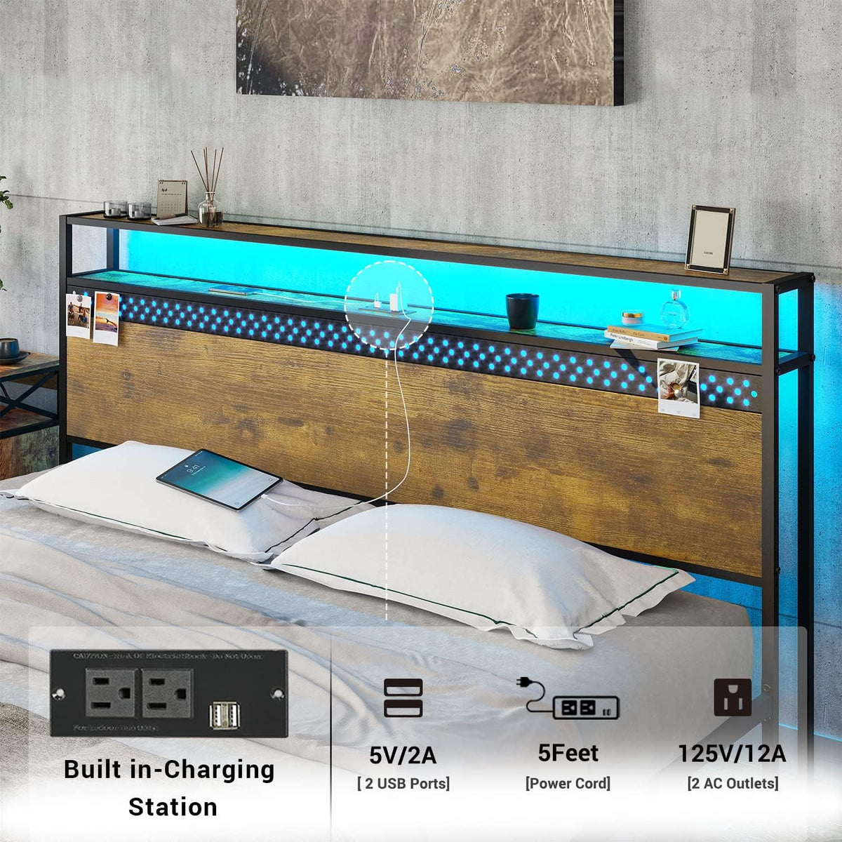 King Bed Frame with USB Ports and Outlets G48639