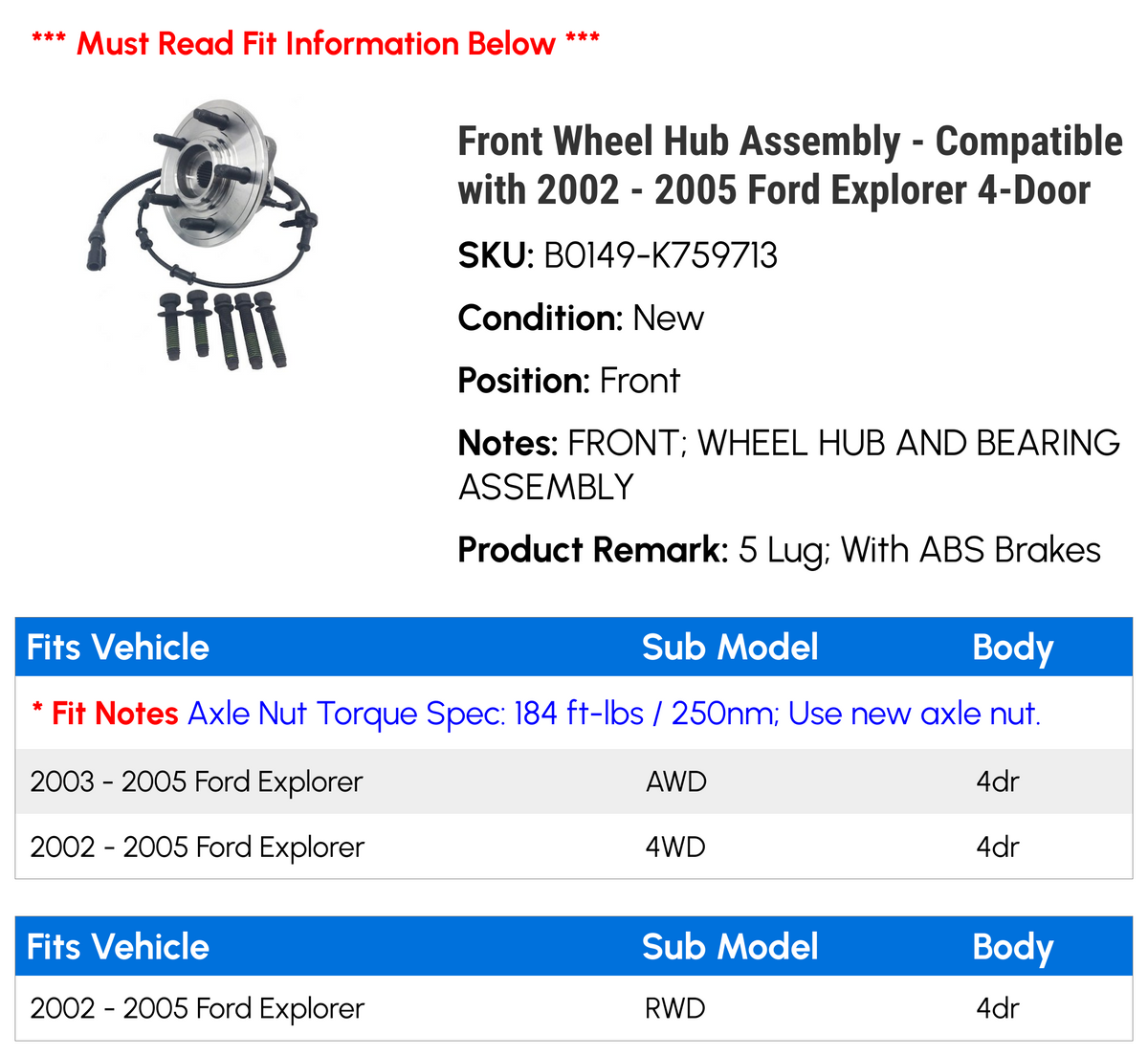 Front Wheel Hub Assembly for Ford Explorer 4-Door K8416