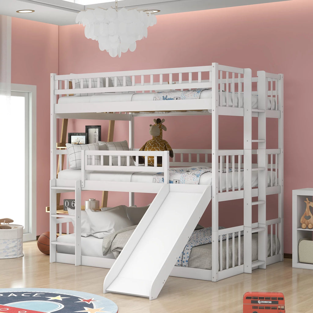 White Triple Bunk Bed with Ladder and Slide T6535