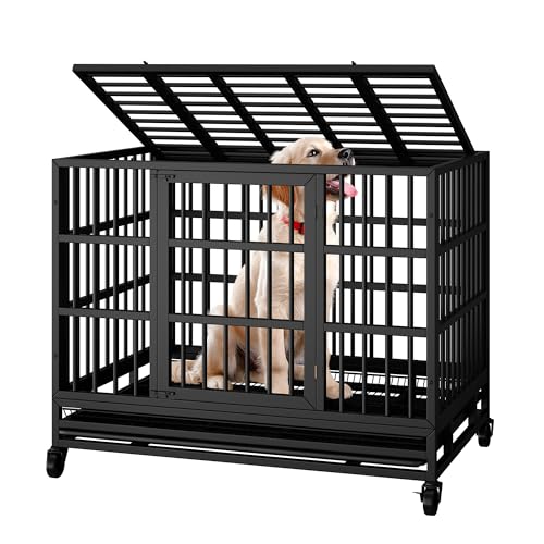 48 inch Heavy Duty Dog Crate with Lockable Wheels, Double Door, Removable Tray, Black A524