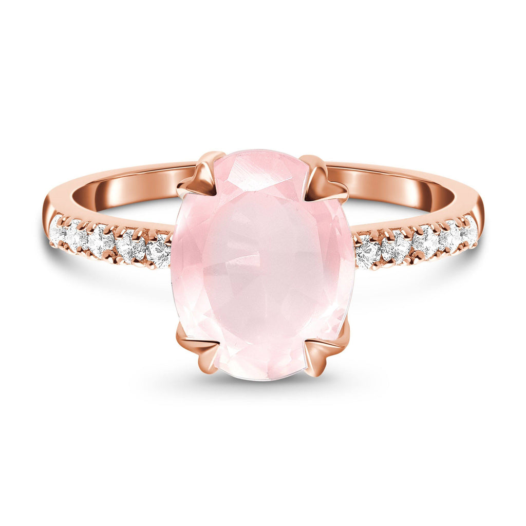 Oval-cut Rose Quartz Ring with 10 White Topaz Gems 14kt Rose Gold Vermeil Half Eternity Settings Size 9 V9804