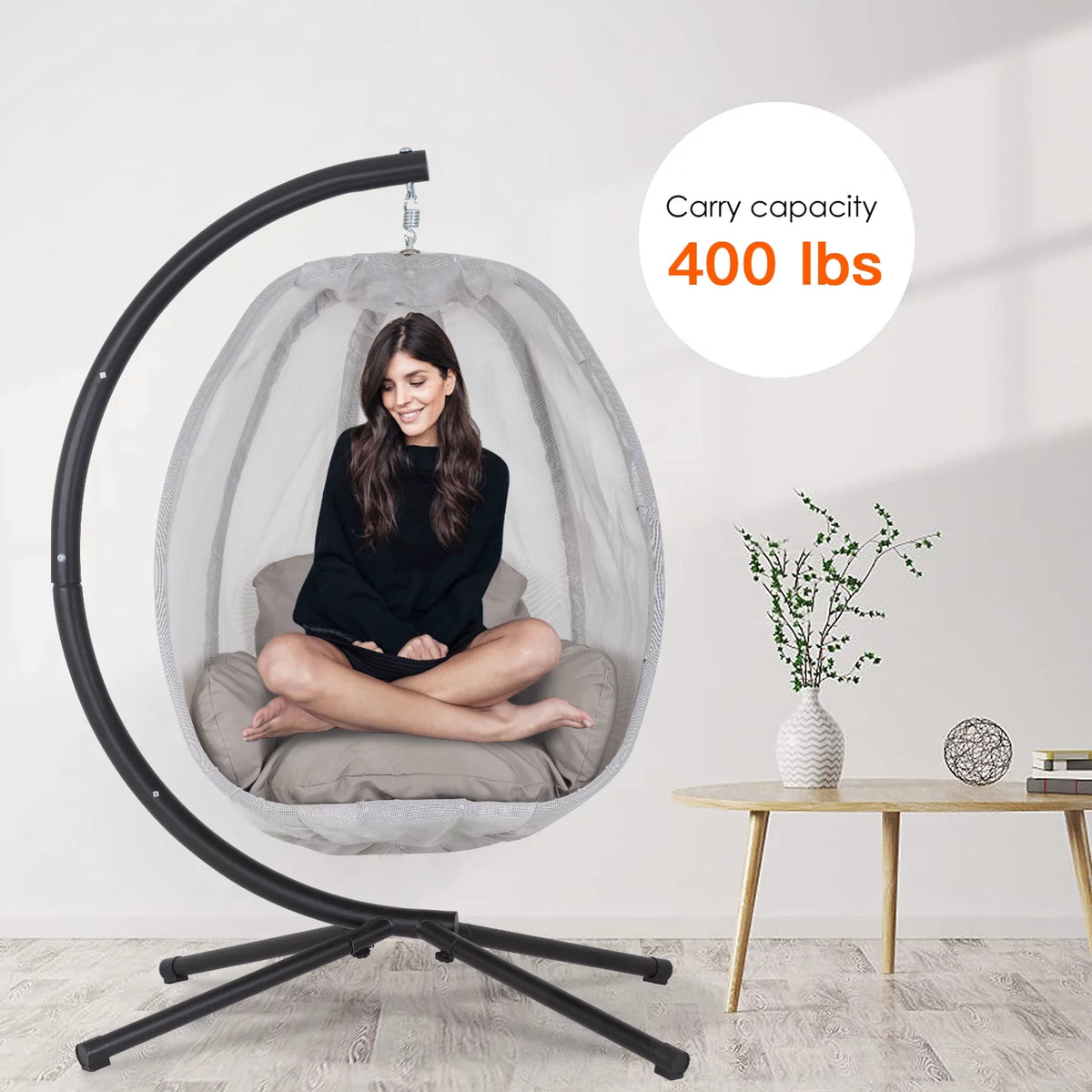 Egg Chair with Metal Stand and Cushion, 400LBS Capacity, Gray C139