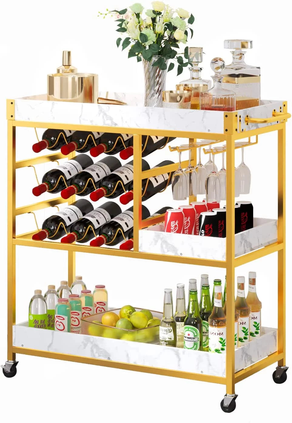 Gold Bar Cart with 12 Bottle Wine Rack K73909