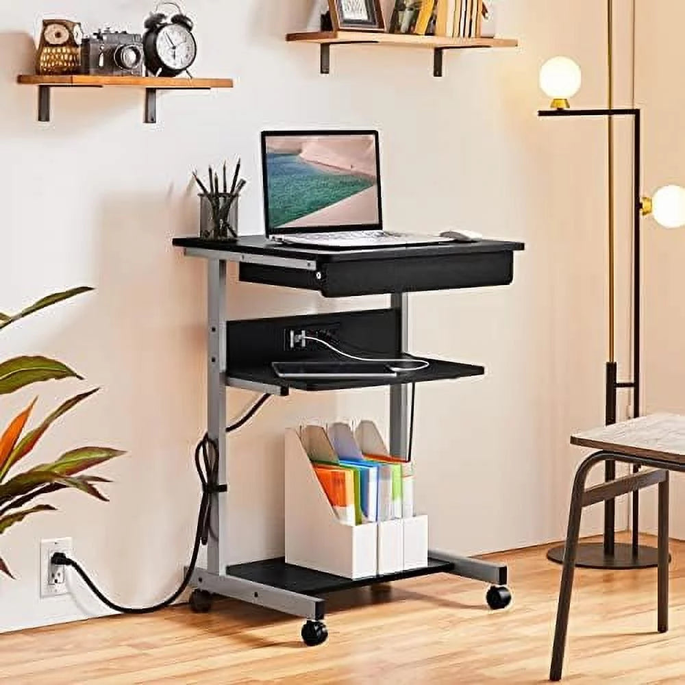 Black Mobile Laptop Desk On Wheels With Power Outlet And USB Ports K1691