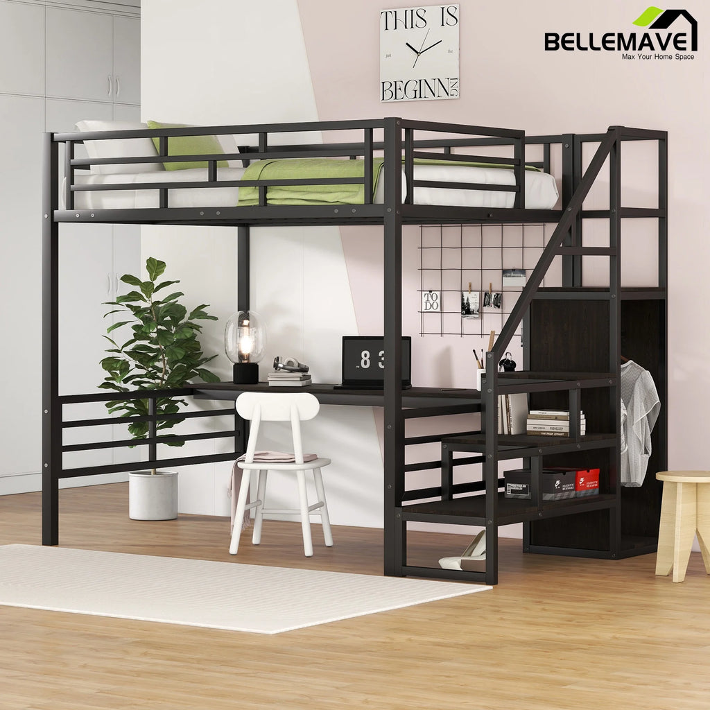 Full Size Black Metal Loft Bed with Storage Staircase and Desk B599636