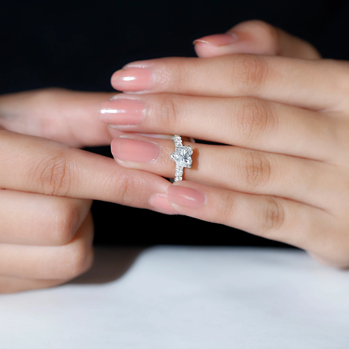 Heart Shape Moissanite Solitaire Engagement Ring with Side Stones, 925 Sterling Silver S11983