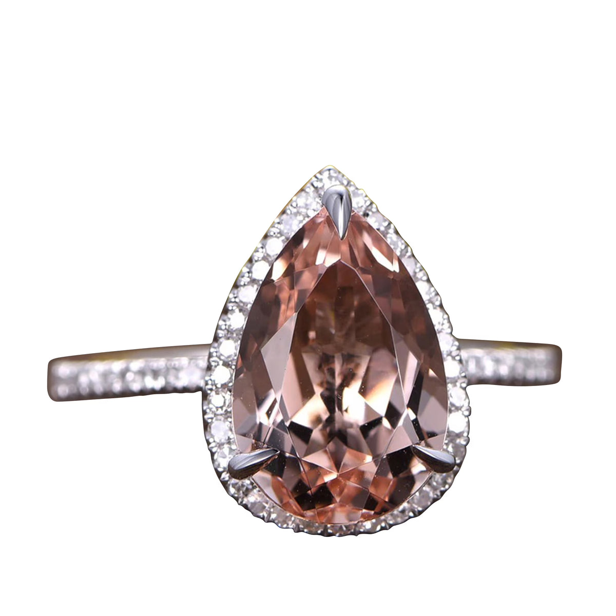 11x8mm Teardrop Pear Shape Morganite Engagement Ring 10k White Gold Diamond Moissanite Stacking Band O535619