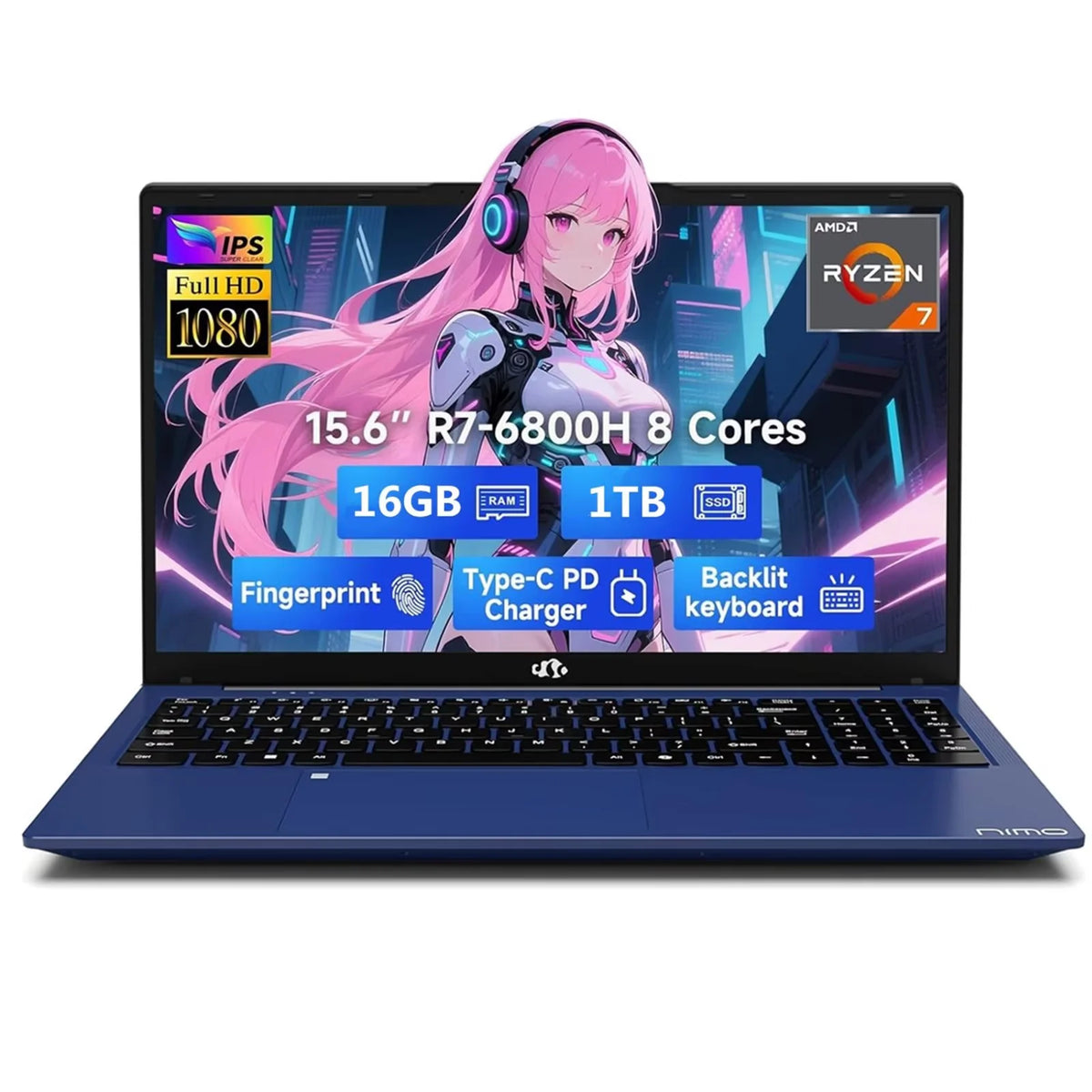 15.6" IPS FHD Gaming Laptop 8 Cores AMD Ryzen 7 6800H 16GB DDR5 RAM 1TB SSD AMD Radeon 680M GPU Blue G299