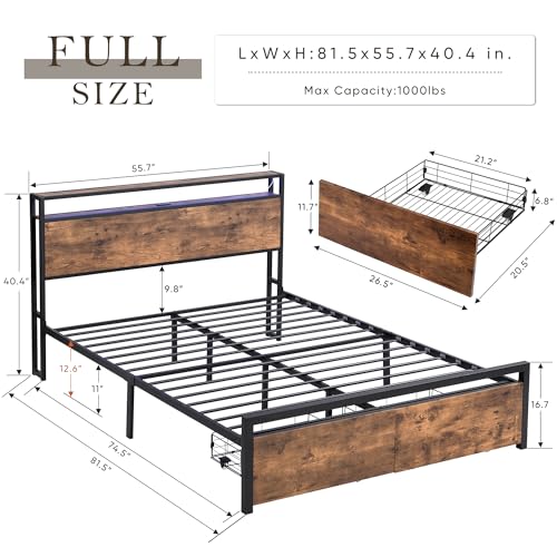 Full Size Metal Platform Bed with Storage Headboard and 2 Drawers Q8593