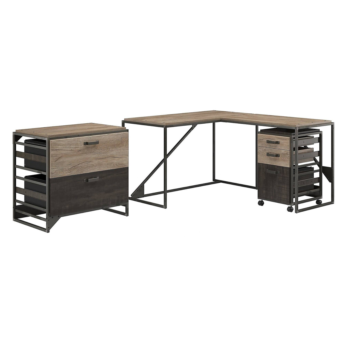 Rustic Gray L Shaped Industrial Desk with File Cabinets D12452