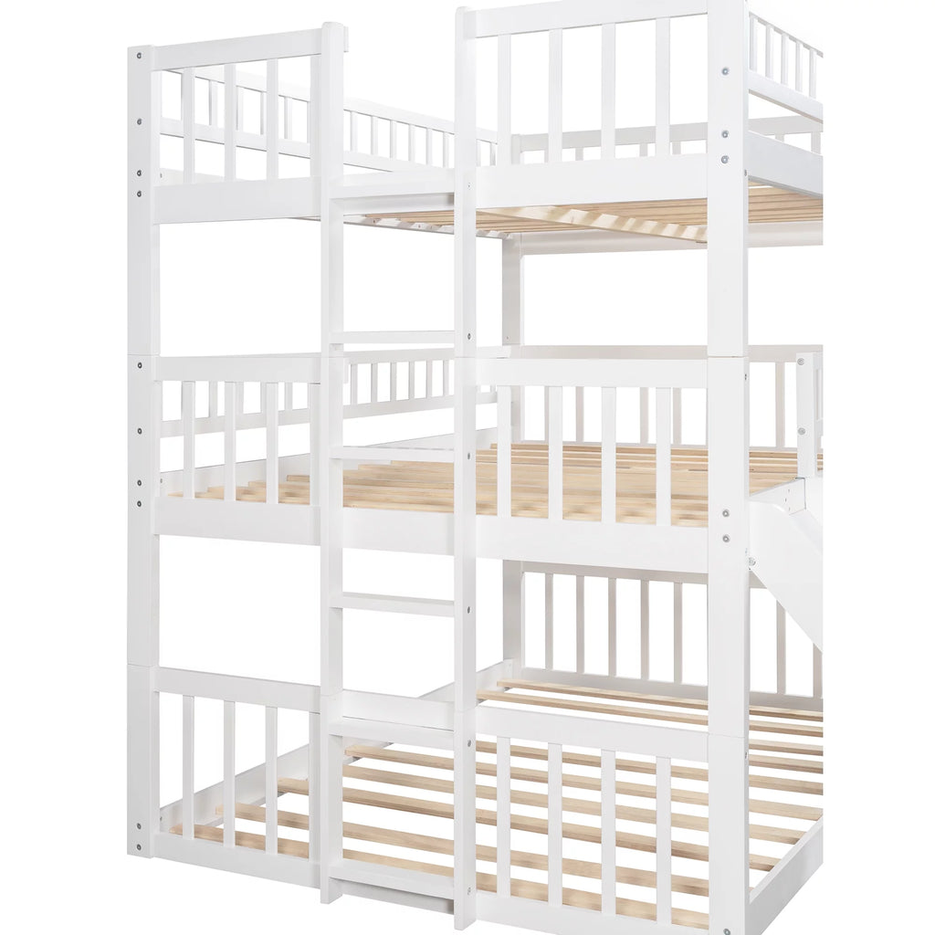 White Triple Bunk Bed with Ladder and Slide T6535