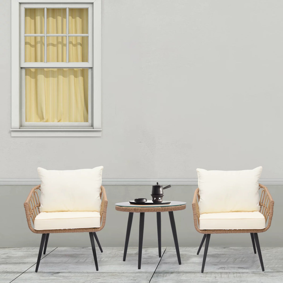 3 Pieces Rattan Wicker Patio Table & Chairs Set with Cushion J60523