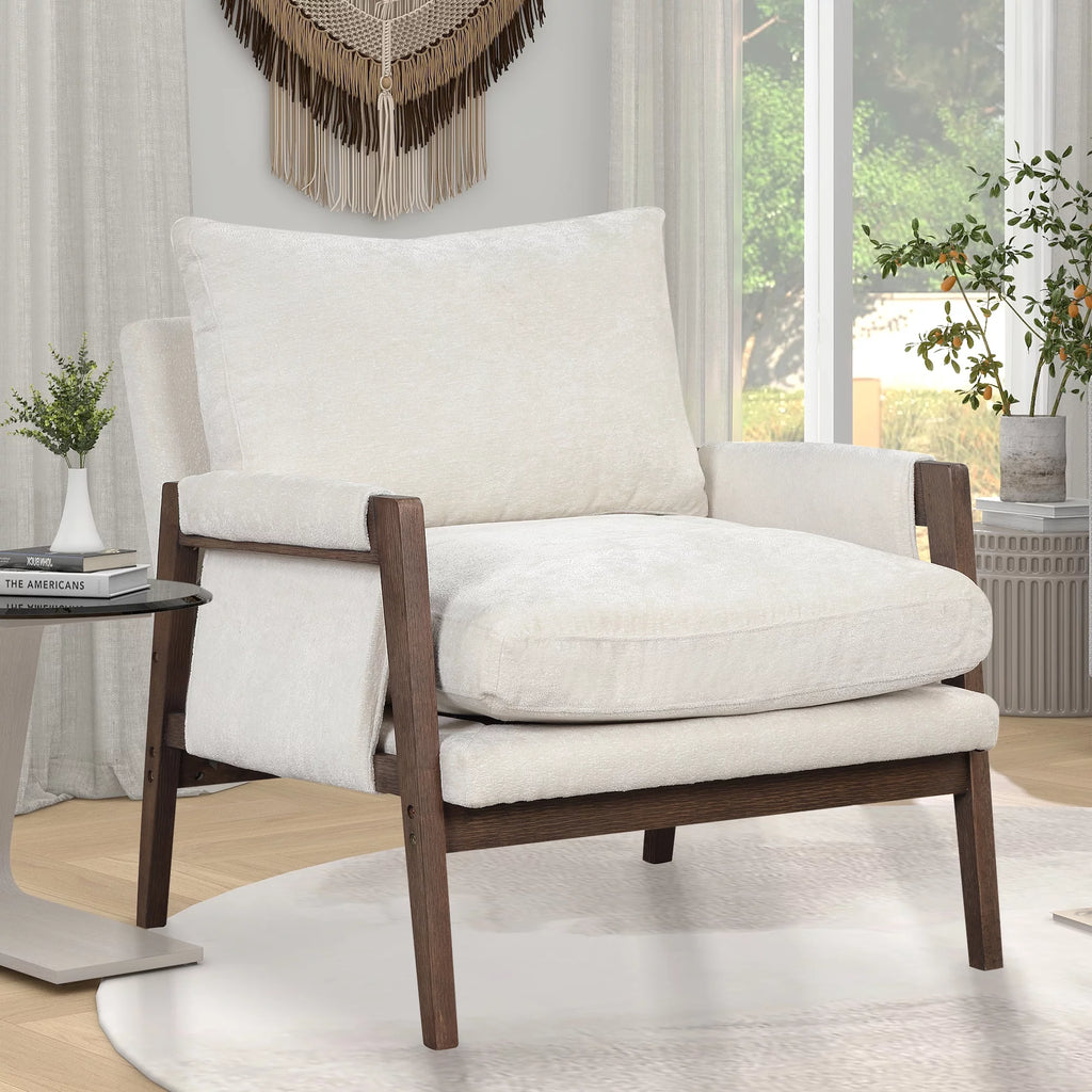 White Velvet Accent Chair with Solid Wood A72606