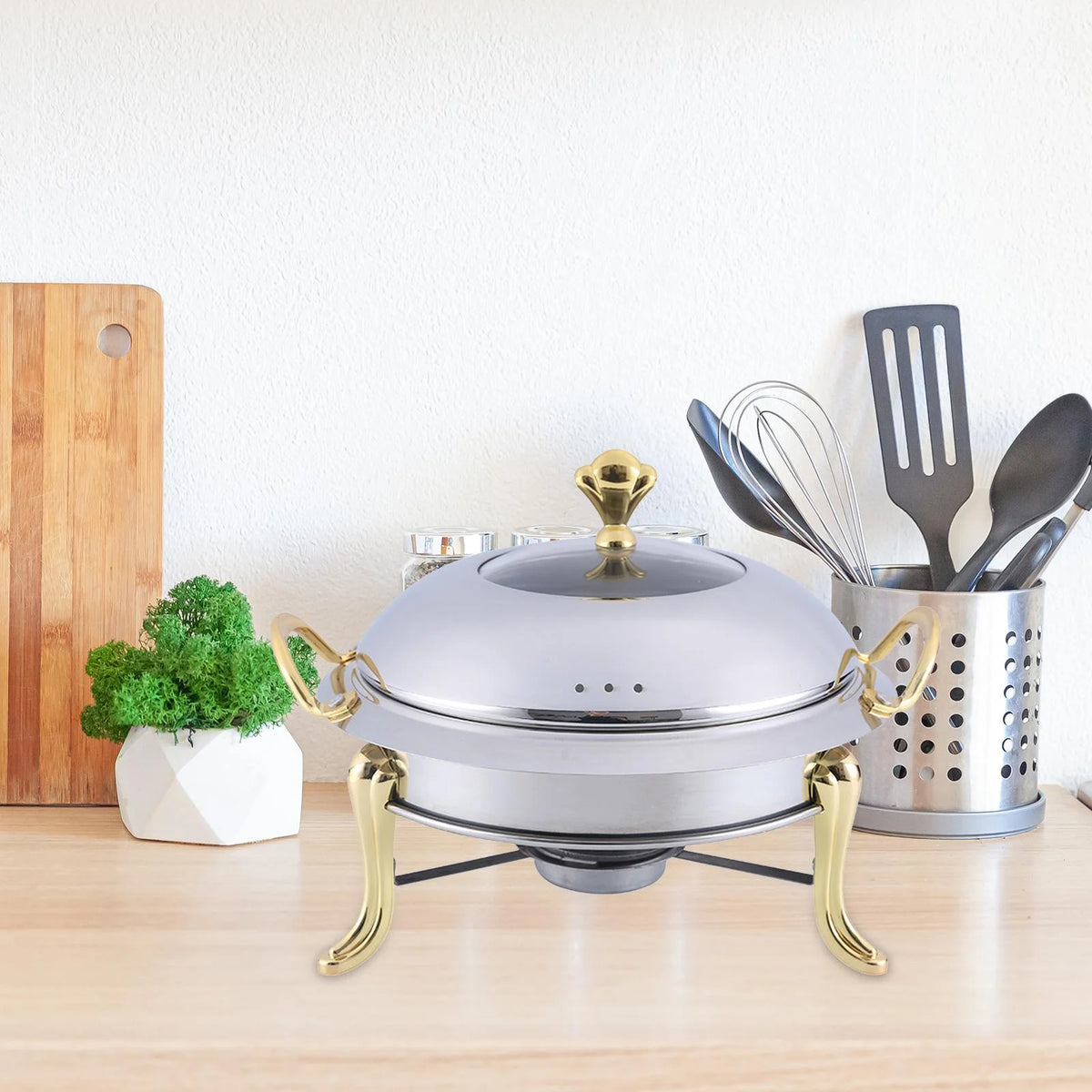 Stainless Steel Round Food Warmer with Glass Viewing Lid and Fuel Holder V5726