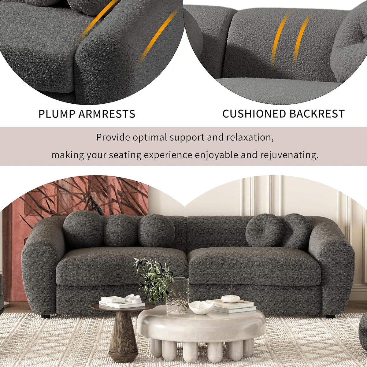 Grey Teddy Fabric 3 Seater Sofa with 5 Throw Pillows S275780
