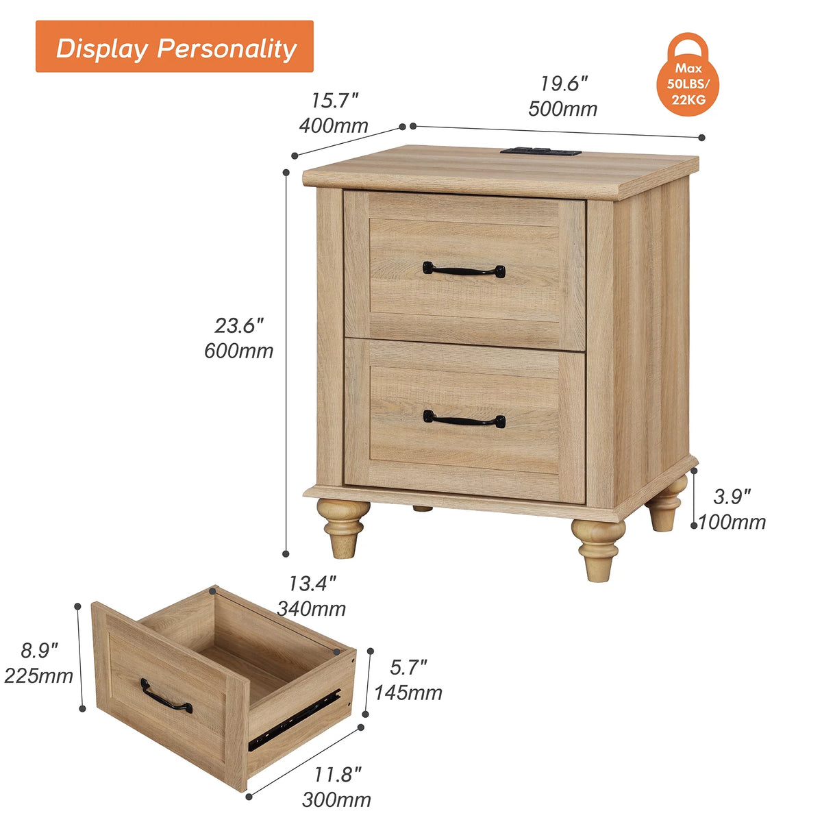 Light Rustic Oak Nightstand with Charging Station and 2 Drawers W69888