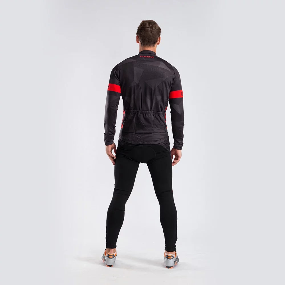 Men's Thermal Fleece Cycling Clothing Set - Long Sleeve Jacket & Windproof Padded Pants Z849