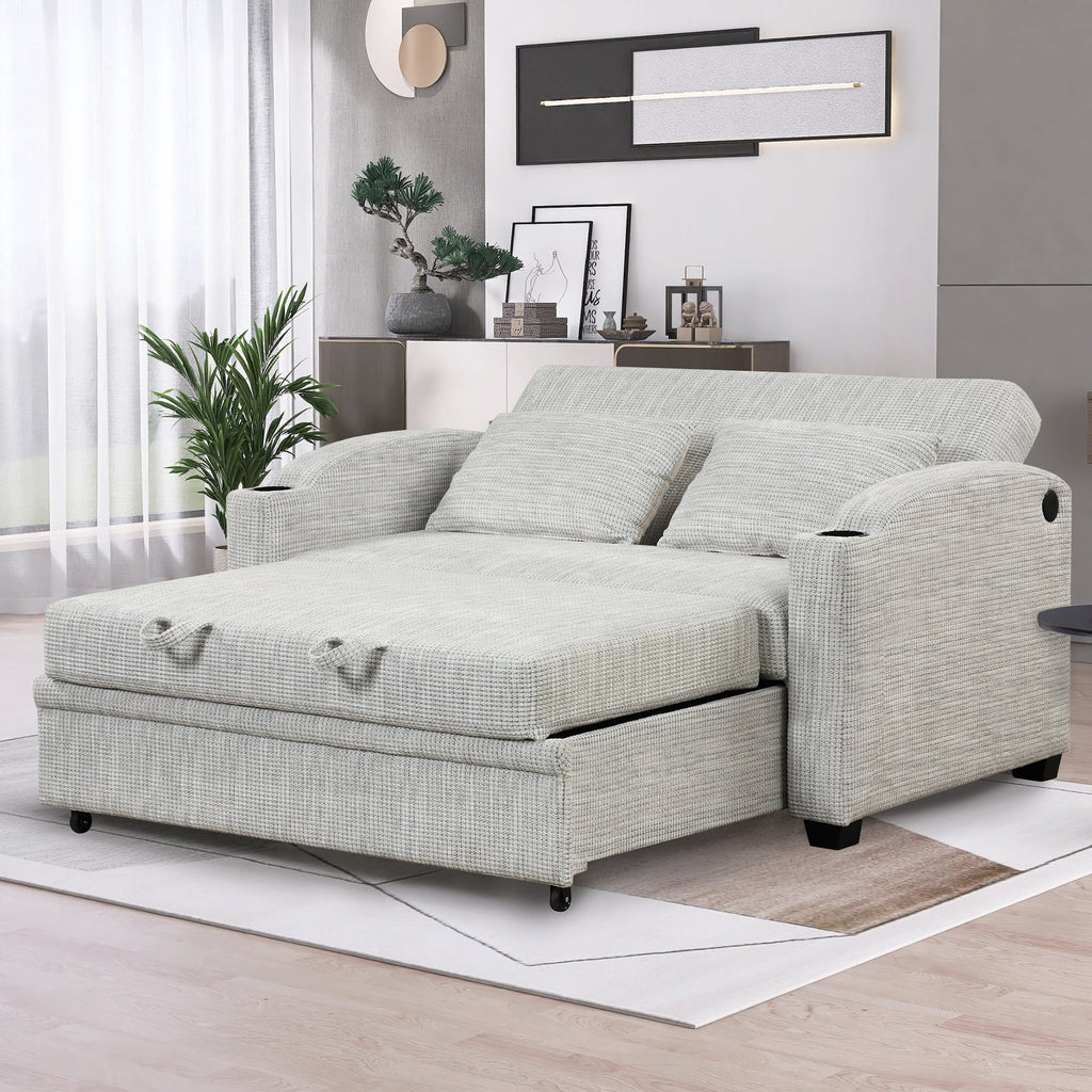 White Gray Chenille Convertible Loveseat Sofa with 2 Pillows S59815