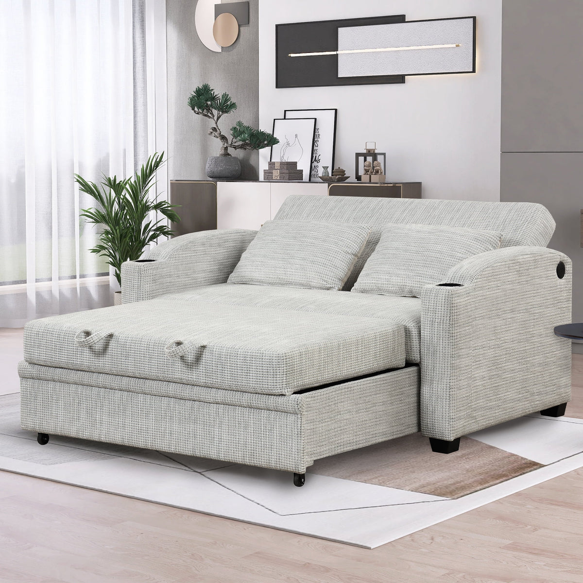 White Gray Chenille Convertible Loveseat Sofa with 2 Pillows S59815