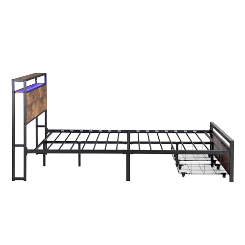 Full Size Metal Platform Bed with Storage Headboard and 2 Drawers Q8593