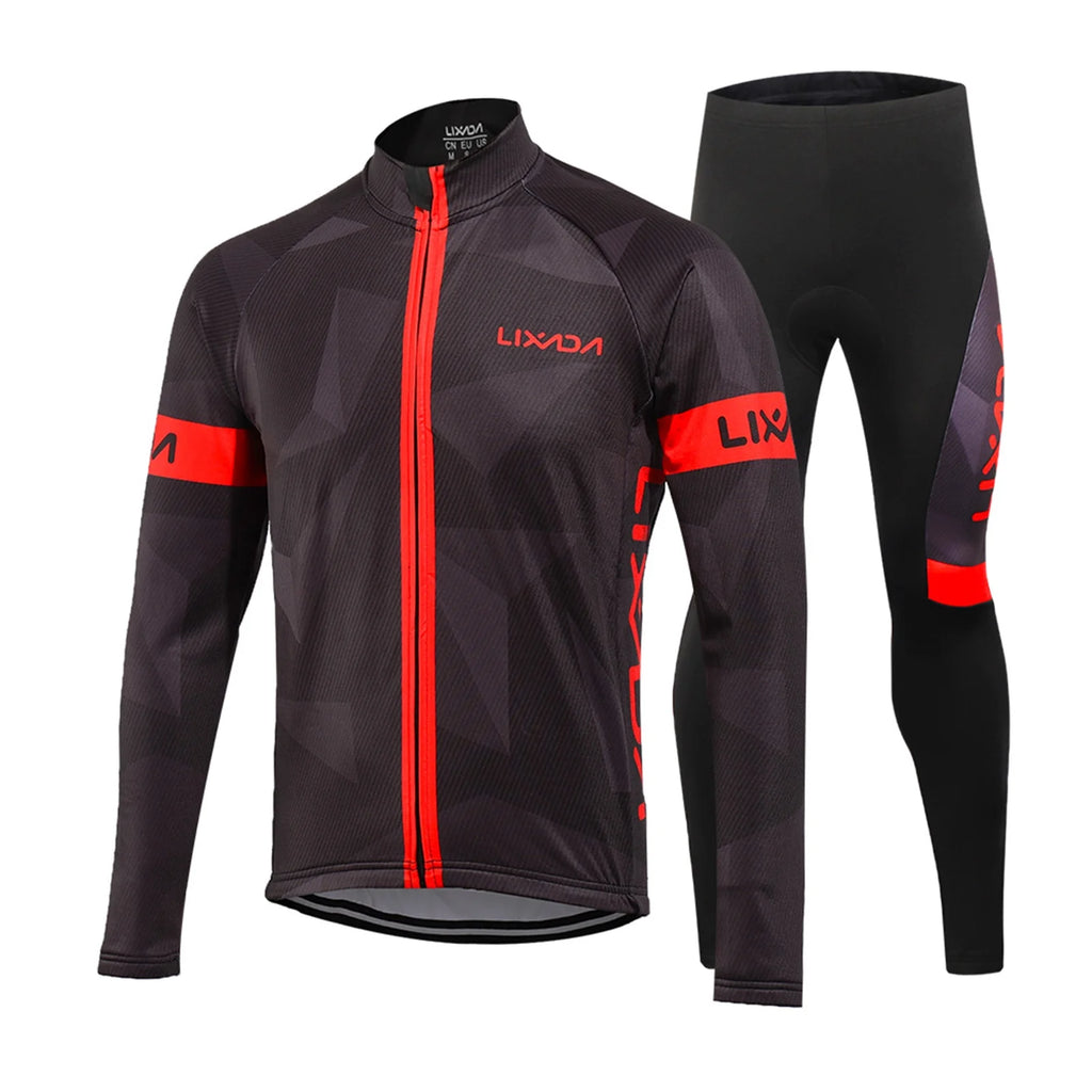 Men's Thermal Fleece Cycling Clothing Set - Long Sleeve Jacket & Windproof Padded Pants Z849