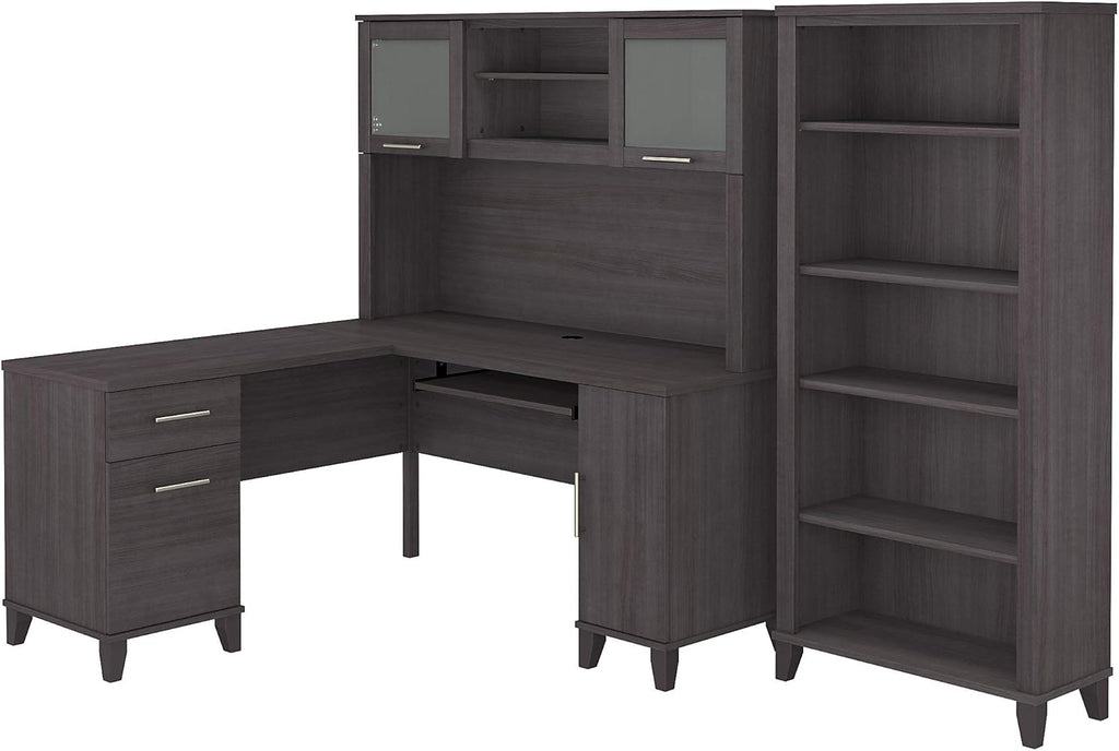 L Shaped Desk with Hutch and 5 Shelf Bookcase X96185