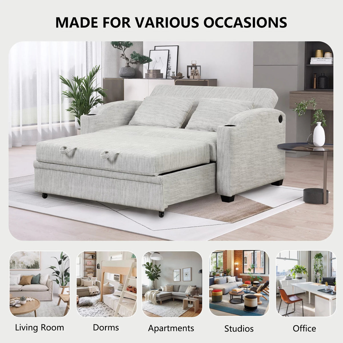 White Gray Chenille Convertible Loveseat Sofa with 2 Pillows S59815
